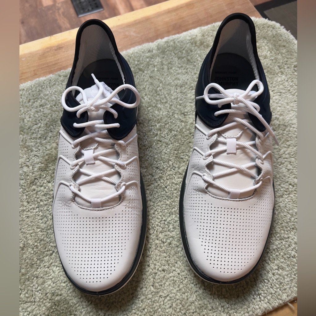 Men Sz 11m Johnston & Murphy Brand Activate U Throat White Full Grain Blue Nylon